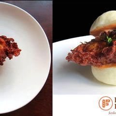 A picture of Har Cheong Gai | Shrimp Paste Chicken Burger.
