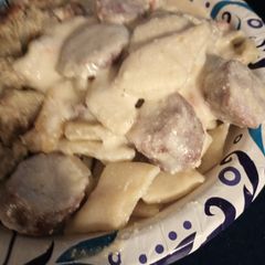 A picture of Maltagliati Pasta Dish or Rhombus and Sausage.