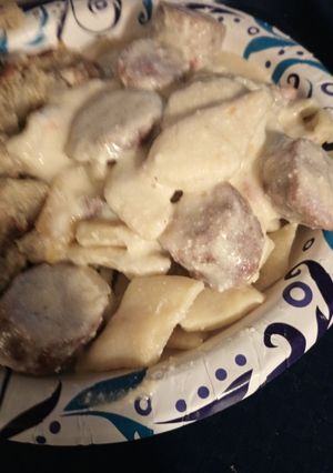 A picture of Maltagliati Pasta Dish or Rhombus and Sausage.