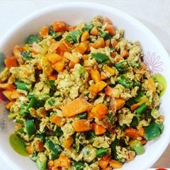 Scrambled eggs with veggies A picture of Scrambled eggs with veggies.