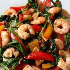A picture of Garlic Prawn Stir-Fry with Spinach & Peppers, GF DF EF SF NF.