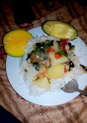 A picture of Boiled rice served with fried potatoes #festive contest@kakamega.