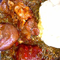 Pounded yam with groundnuts and vegetables soup A picture of Pounded yam with groundnuts and vegetables soup.