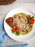 Pan Seared Chicked, Mashed Green Peas and Mushroom Sauce