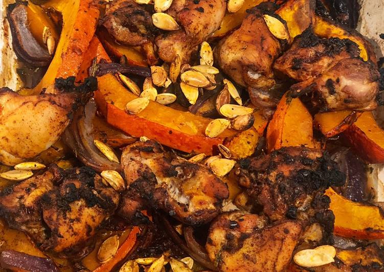 Tray bake pumpkin & chicken thighs topped with roast pumpkin seeds Tray bake pumpkin & chicken thighs topped with roast pumpkin seeds
