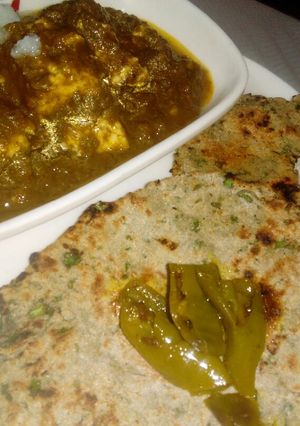 A picture of Palak Paneer with Bajra Bathua Chapati.