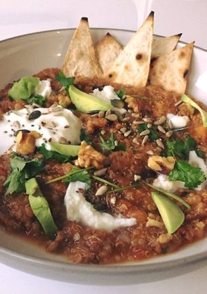 A picture of Tonto, 'tato and Black Bean Chilli.