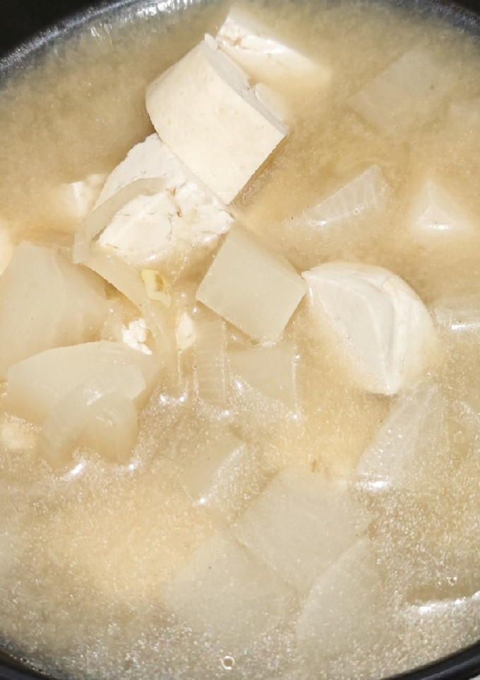 A picture of Miso soup with tofu, daikon, onion.