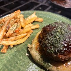 A picture of Japanese Hambagu with Herb Mashed Potatoes and 2x fried Crispy Fries.