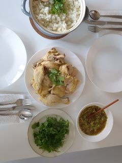 A picture of Boiled chicken and chicken rice.
