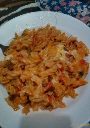 A picture of Macaroni with Mozzarella cheese.