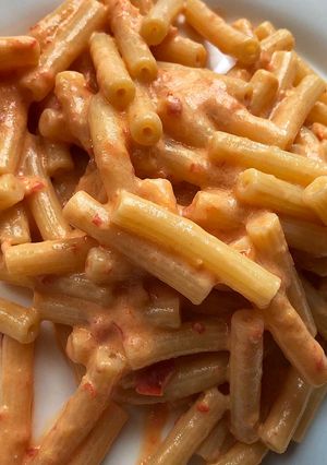A picture of Sedanini with Roasted Red Pepper and Ricotta Pesto.