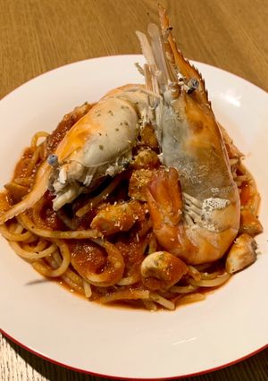 รูปของ สปาเกตตีอกไก่ ท้อปปิ้งกุ้งก้ามกราม