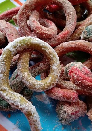 A picture of Colorful Churros with Marzipan.
