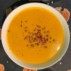 A picture of Slow Cooker Munchkin Pumpkin and Red Kuri Squash Soup.