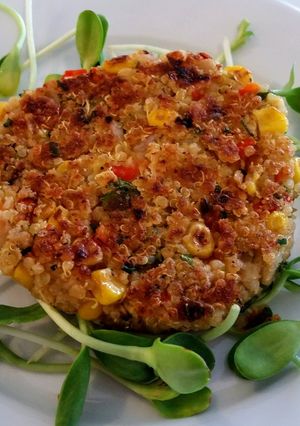 A picture of Quinoa and cannellini bean burgers.