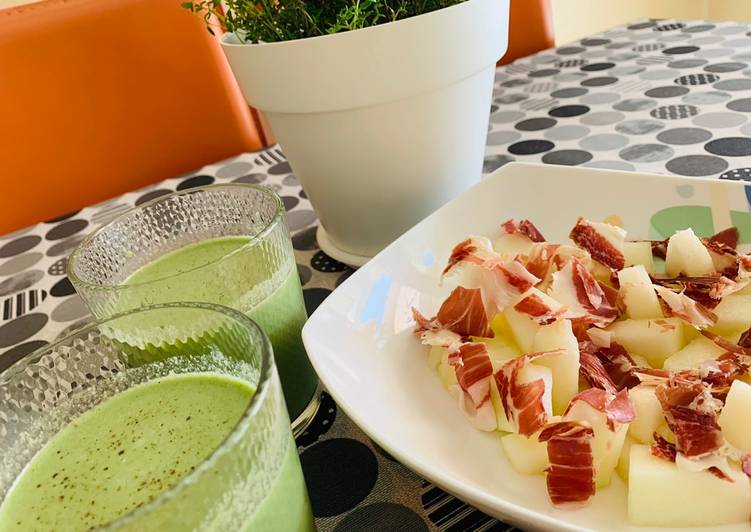 Entrante fresco: gazpacho verde y melón con jamón.🥬