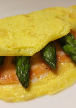 A picture of Smoked salmon and asparagus omelette.