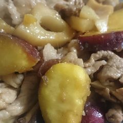 A picture of Salty-Sweet Pork Stir-Fry with sweet potato.
