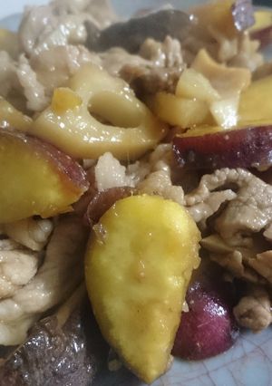 A picture of Salty-Sweet Pork Stir-Fry with sweet potato.