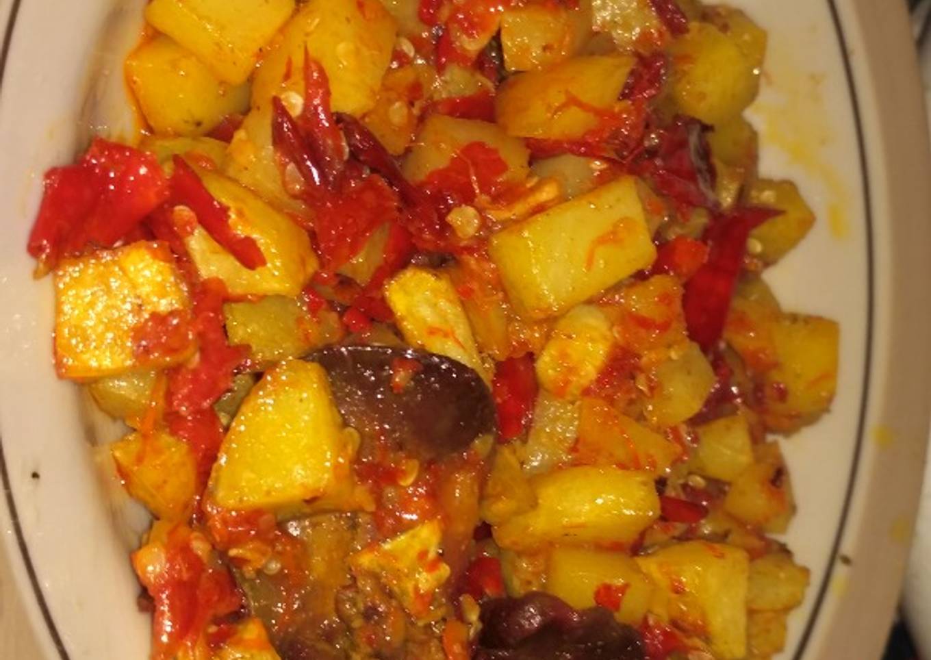 Balado kentang with ati bebek goreng