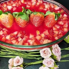 A picture of Strawberry mahalabia ||Arabic dessert || strawberry milk pudding.