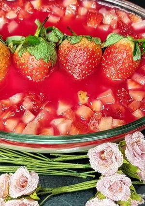 A picture of Strawberry mahalabia ||Arabic dessert || strawberry milk pudding.