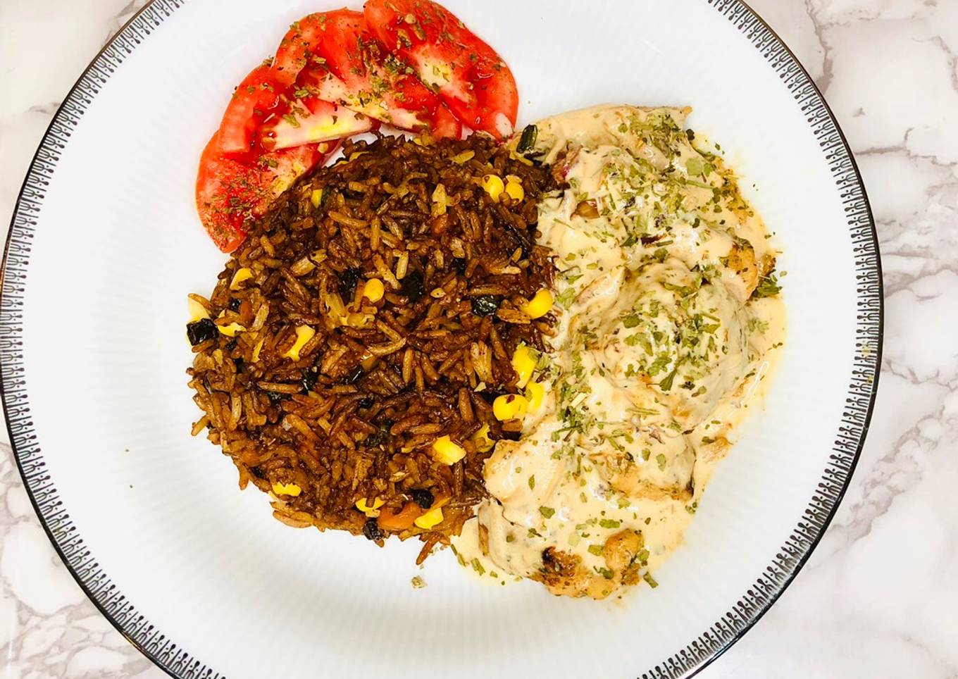 Vegetable fried rice with Fish fillet in cream sauce