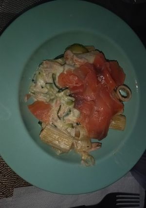 A picture of Pasta with Smoked Salmon, Zucchini, and Cream Cheese.