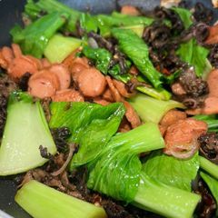 A picture of Mushroom stir fry with Bak Choy, Chilies and Sausage.