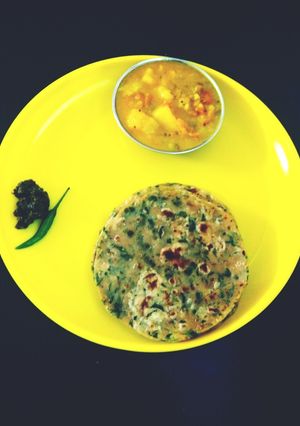 A picture of Curry leaves and Moong dal parathas.
