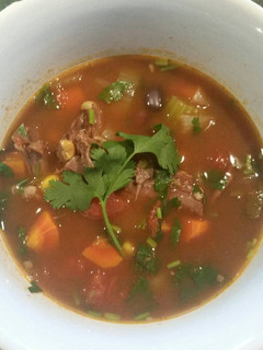 A picture of 100 calorie Mexican Braised Beef Soup.