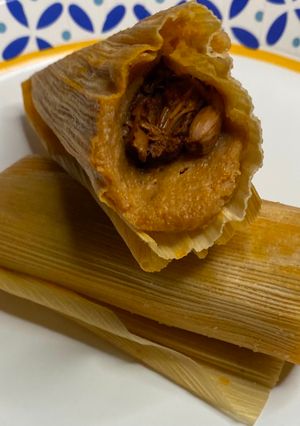 A picture of Vegan Chile Colorado Jackfruit Tamales.