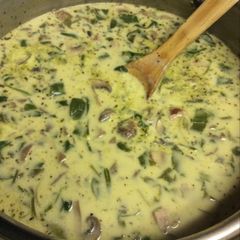A picture of Creamy Mushroom Spinach Kielbasa Soup.