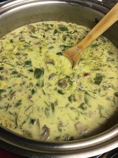 A picture of Creamy Mushroom Spinach Kielbasa Soup.