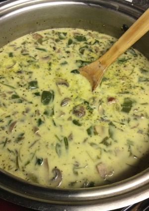 A picture of Creamy Mushroom Spinach Kielbasa Soup.