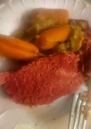 A picture of Corned Beef Brisket w/Seasoning, Carrots and Potatoes.