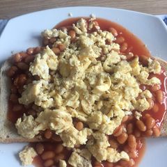 Beans and egg on toast A picture of Beans and egg on toast.