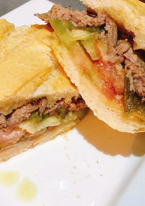 A picture of The Best Sandwich in the World! Ribeye with Green Peppers.