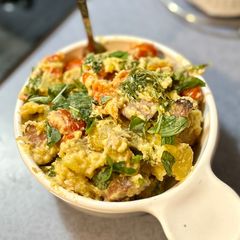 A picture of Creamy Feta Roasted Potatoes with Chicken Sausage.