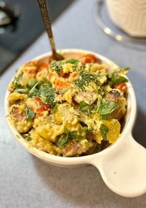 A picture of Creamy Feta Roasted Potatoes with Chicken Sausage.