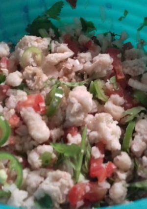 A picture of Mexican-Style Textured Soy Ceviche with Spicy Sauce.