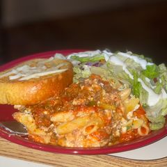 A picture of 3-cheese baked Ziti pasta.