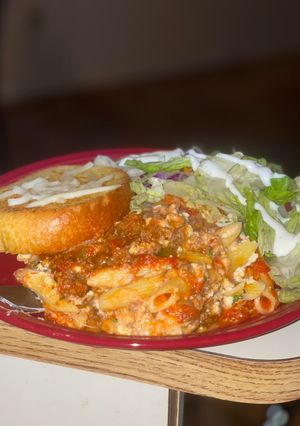 A picture of 3-cheese baked Ziti pasta.