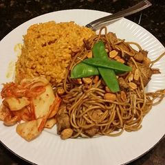 A picture of Brad's chicken lo mein with red curry rice.