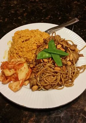 A picture of Brad's chicken lo mein with red curry rice.
