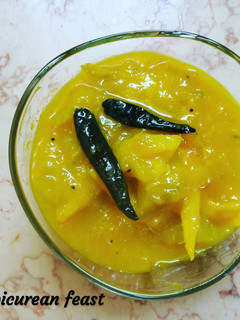 A picture of Mango chutney/ Sweet chutney from raw mangoes.