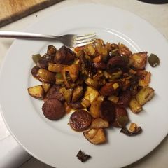 Roasted vegetables and chorizo A picture of Roasted vegetables and chorizo.