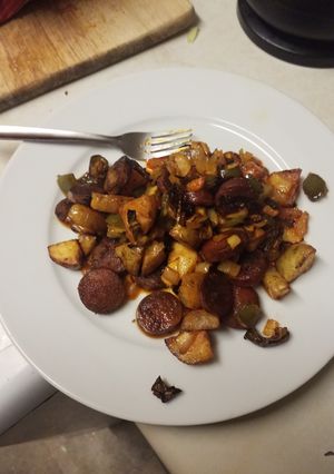 A picture of Roasted vegetables and chorizo.