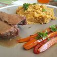 Tapabarriga con puré de camote y verduras salteadas
